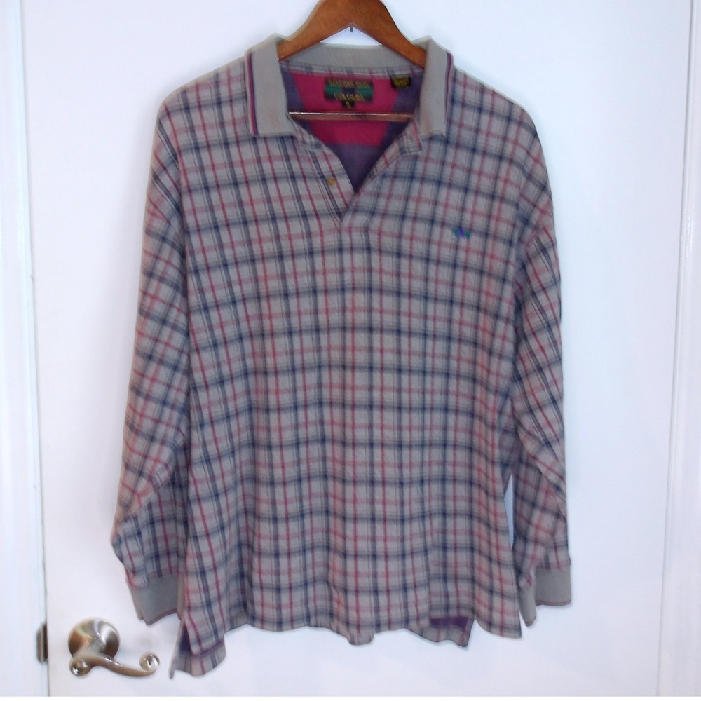 Alexander Julian Plaid Long Sleeve Polo Shirt Collared Top Mens Size XL /#6180